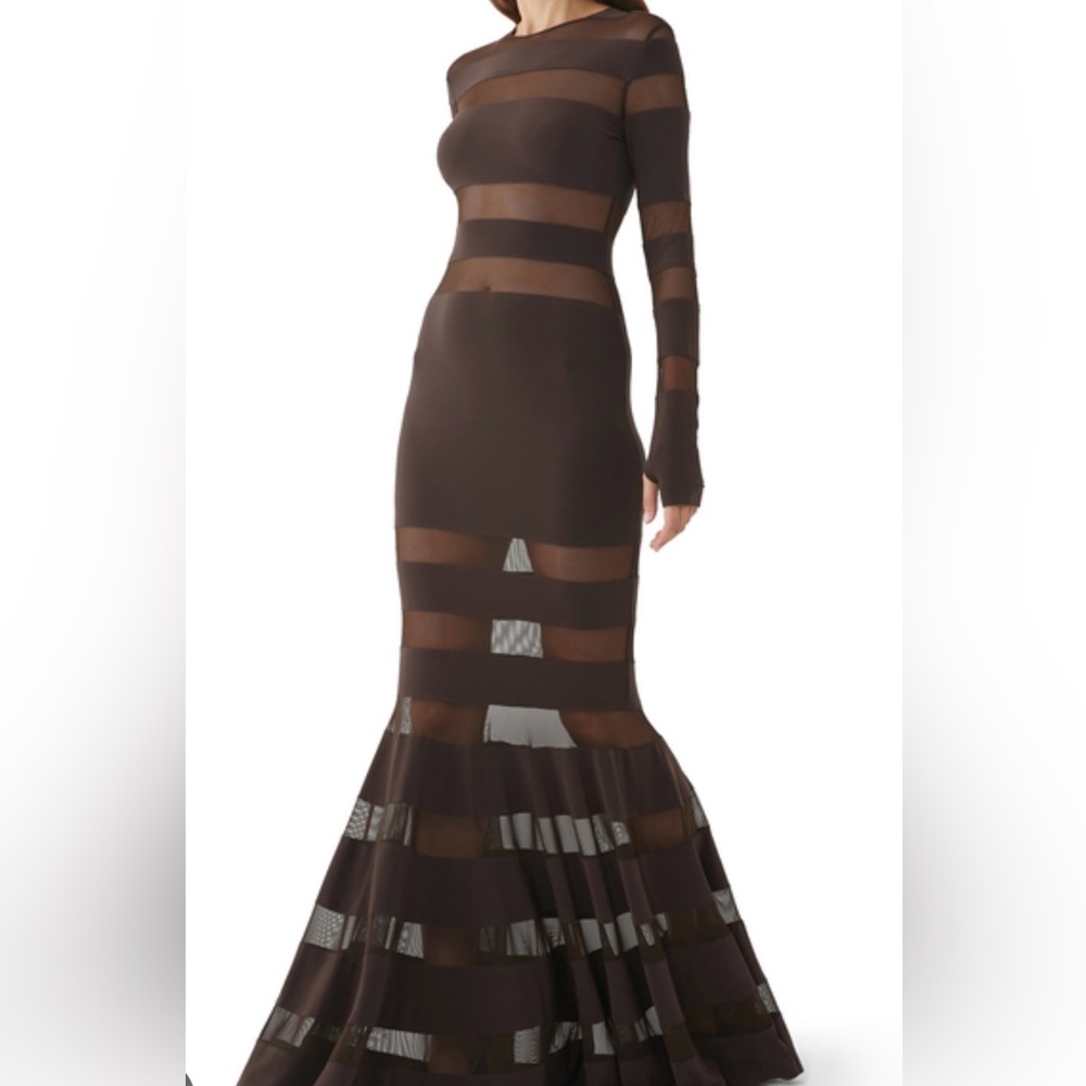Spliced Dress Fishtail Gown in Chocolate & Chocolate Mesh- Size L/8 (Norma K)